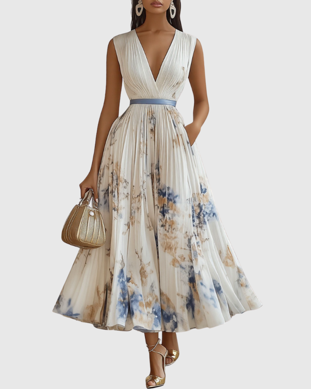 Elegantes plissiertes Maxikleid für Frauen – Sommerkleid mit V-Ausschnitt und langen Ärmeln