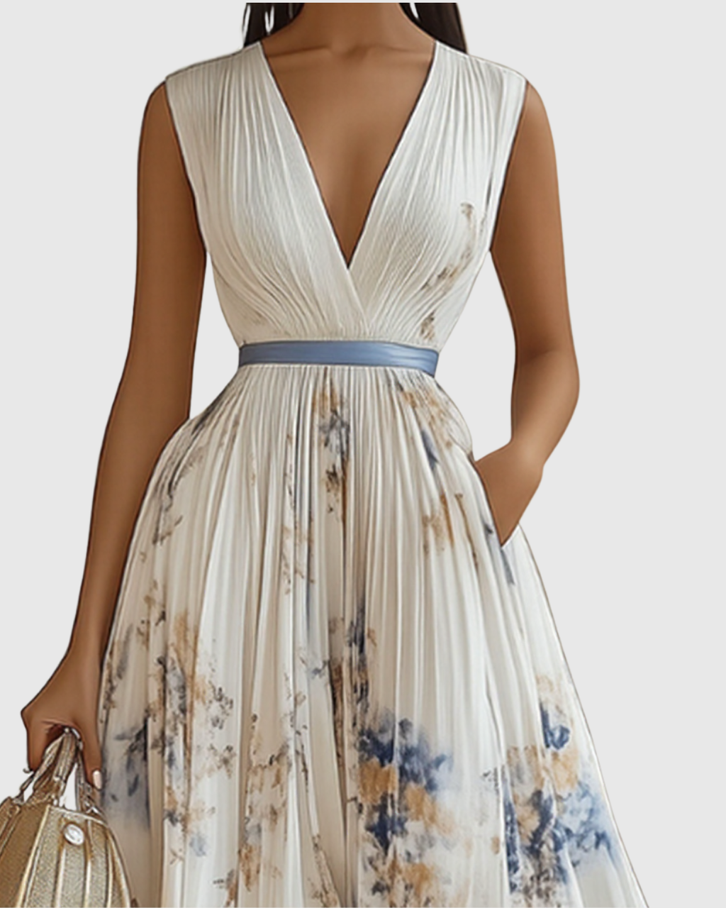 Elegantes plissiertes Maxikleid für Frauen – Sommerkleid mit V-Ausschnitt und langen Ärmeln