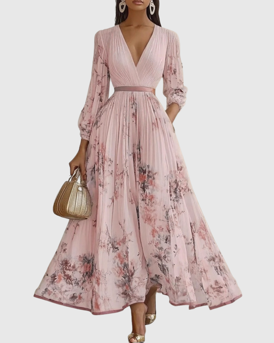 Elegantes plissiertes Maxikleid für Frauen – Sommerkleid mit V-Ausschnitt und langen Ärmeln