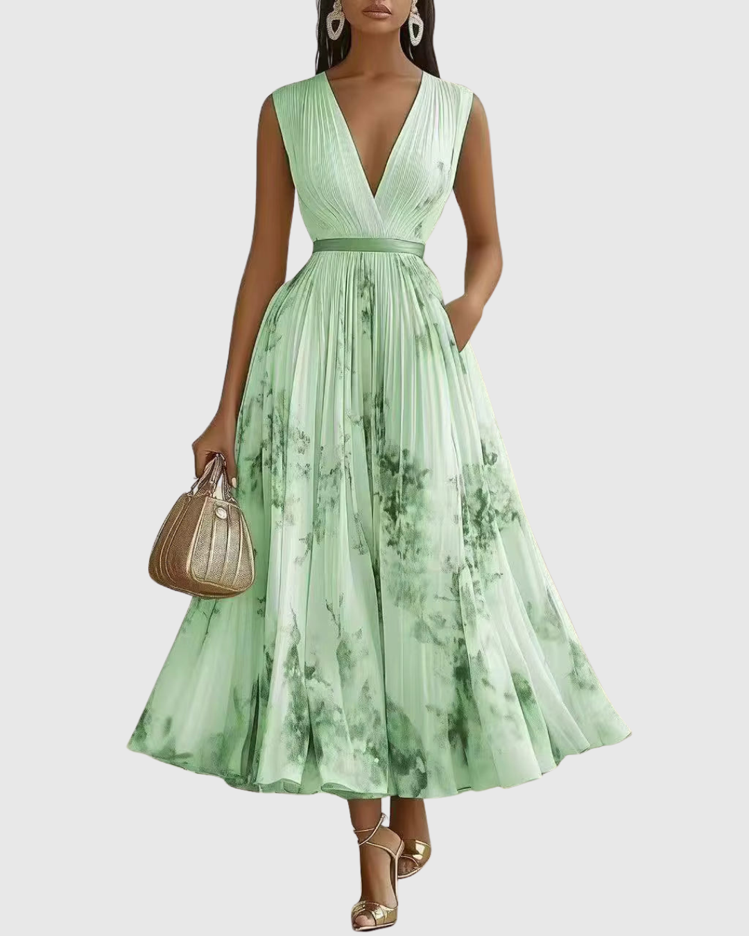 Elegantes plissiertes Maxikleid für Frauen – Sommerkleid mit V-Ausschnitt und langen Ärmeln