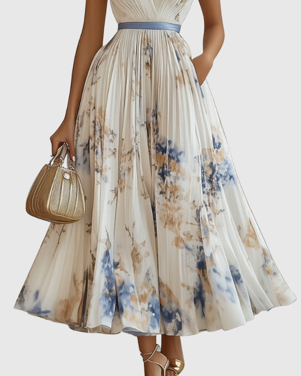 Elegantes plissiertes Maxikleid für Frauen – Sommerkleid mit V-Ausschnitt und langen Ärmeln