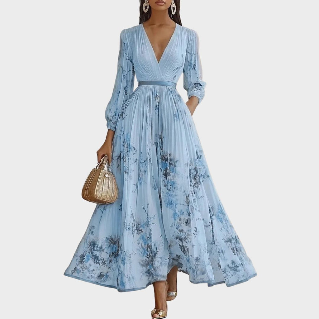 Elegantes plissiertes Maxikleid für Frauen – Sommerkleid mit V-Ausschnitt und langen Ärmeln