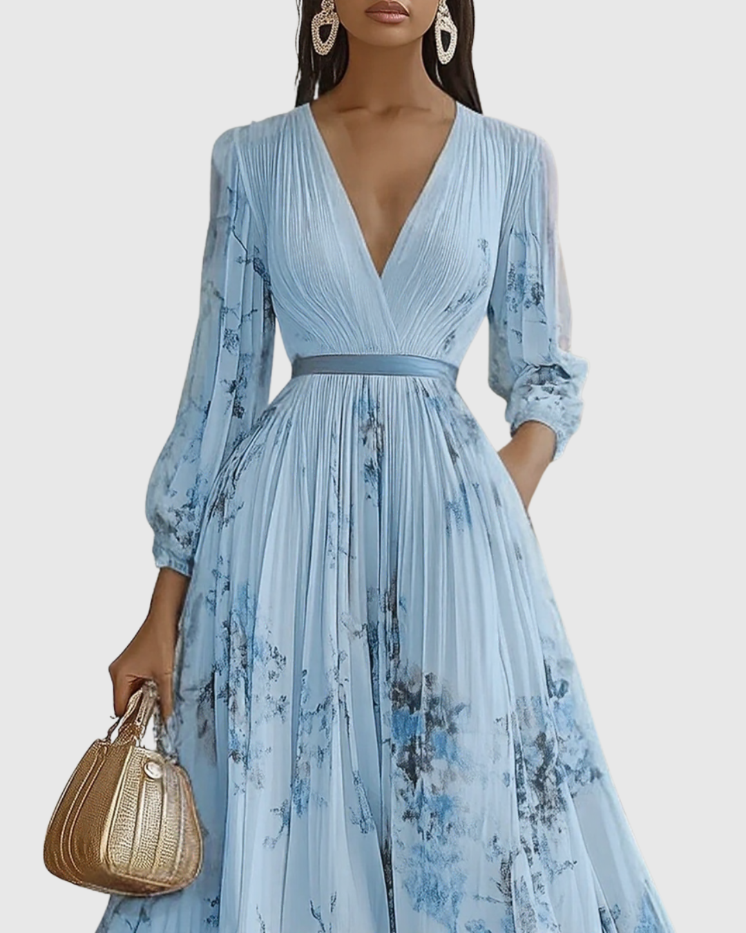 Elegantes plissiertes Maxikleid für Frauen – Sommerkleid mit V-Ausschnitt und langen Ärmeln