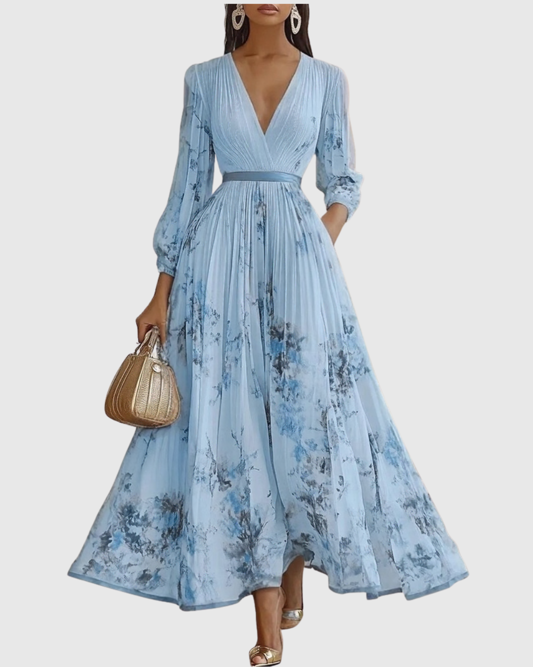 Elegantes plissiertes Maxikleid für Frauen – Sommerkleid mit V-Ausschnitt und langen Ärmeln