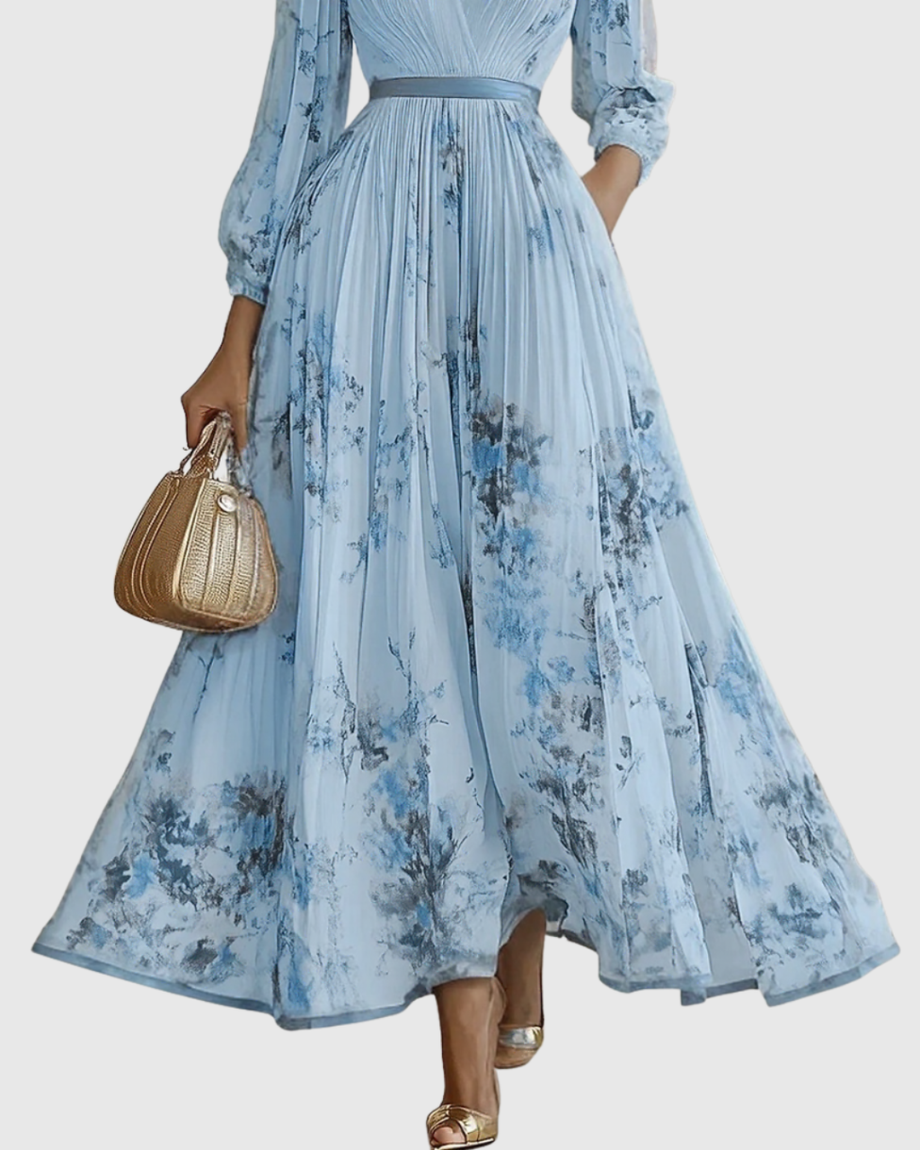 Elegantes plissiertes Maxikleid für Frauen – Sommerkleid mit V-Ausschnitt und langen Ärmeln