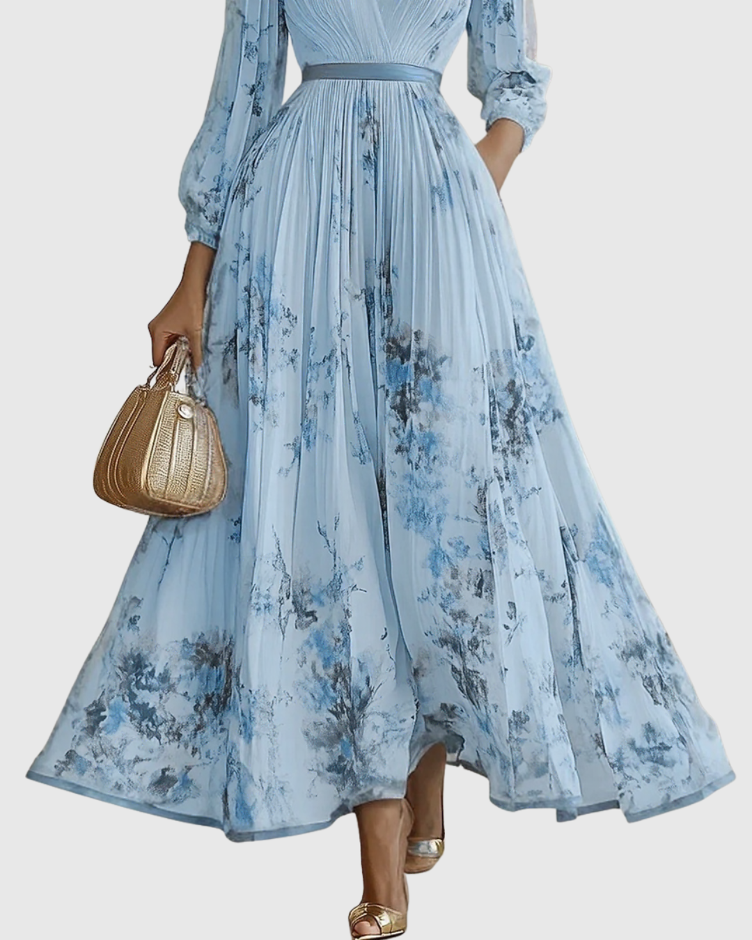 Elegantes plissiertes Maxikleid für Frauen – Sommerkleid mit V-Ausschnitt und langen Ärmeln