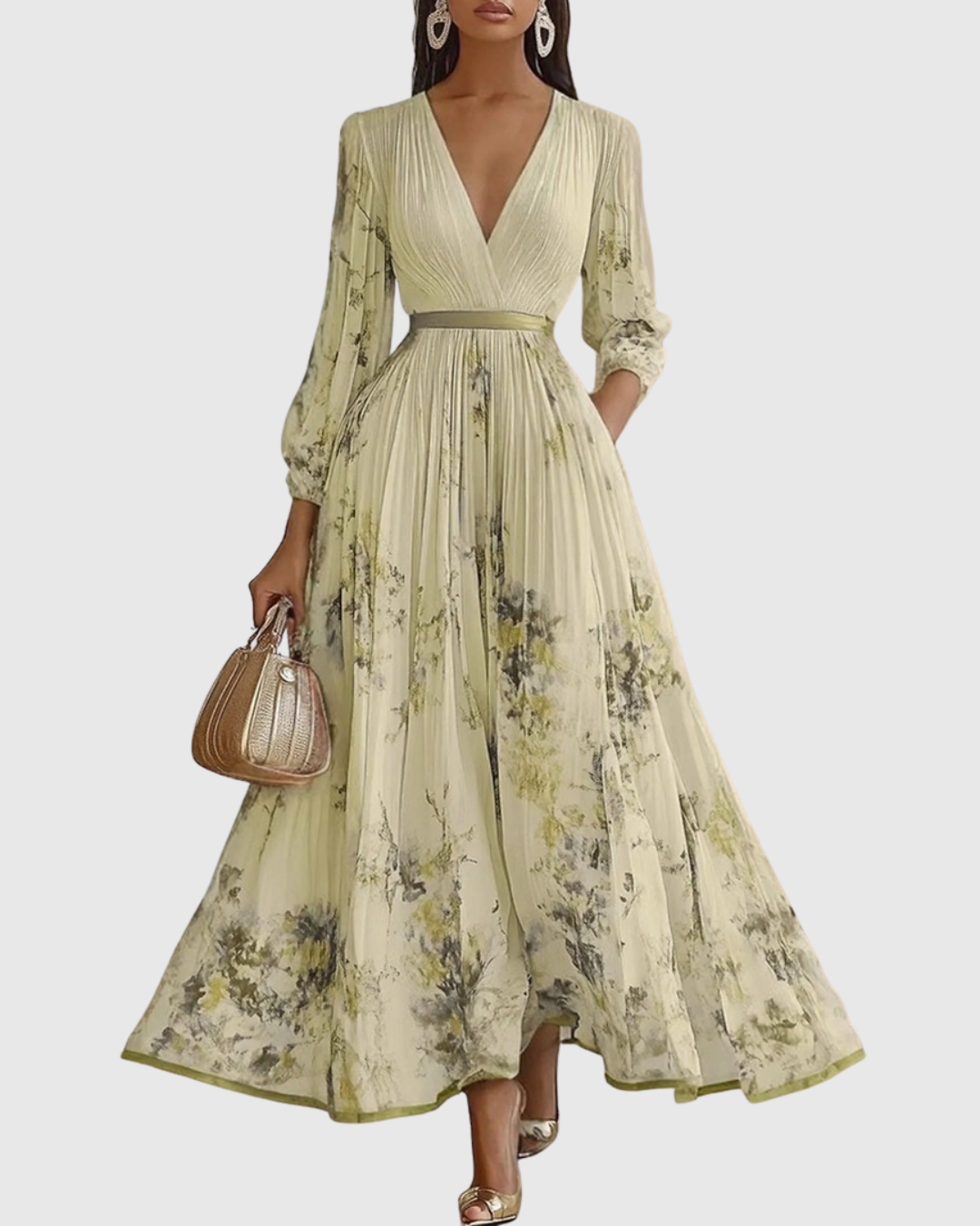 Elegantes plissiertes Maxikleid für Frauen – Sommerkleid mit V-Ausschnitt und langen Ärmeln