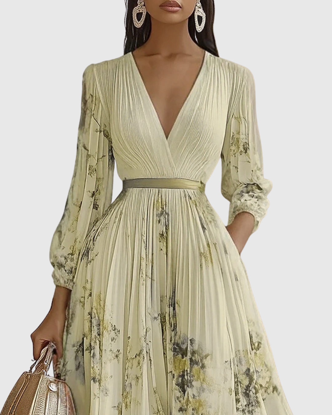 Elegantes plissiertes Maxikleid für Frauen – Sommerkleid mit V-Ausschnitt und langen Ärmeln