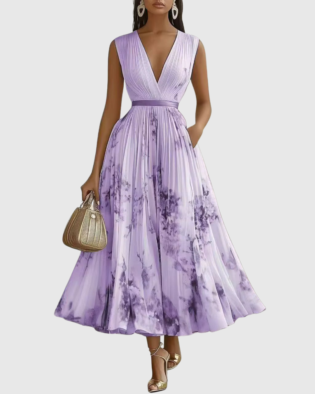 Elegantes plissiertes Maxikleid für Frauen – Sommerkleid mit V-Ausschnitt und langen Ärmeln