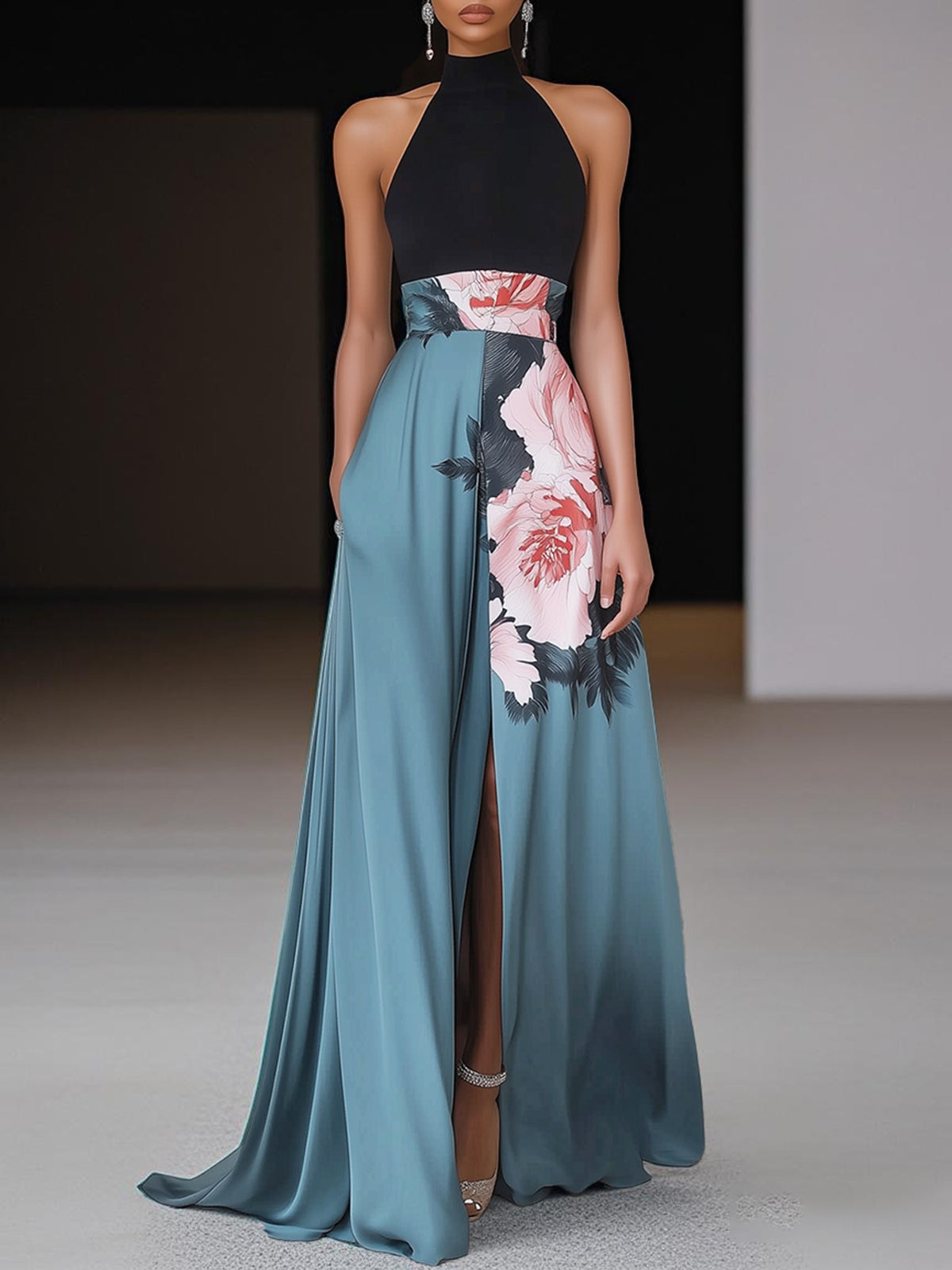 Elegantes schwarzes Maxikleid mit floralem Muster und Seitenschlitz für Frauen
