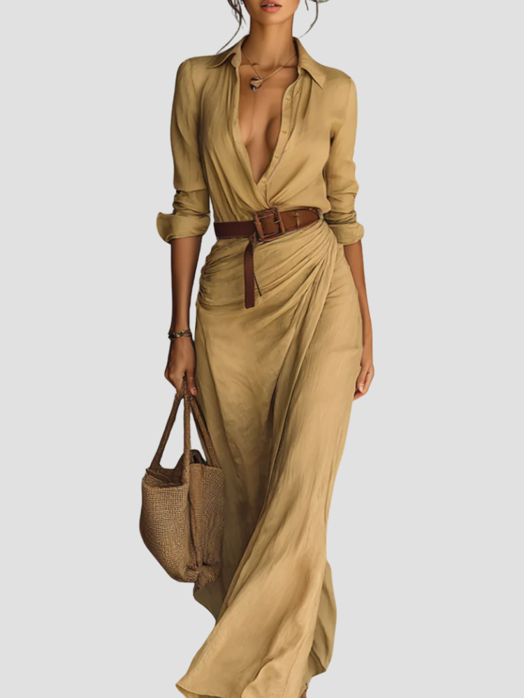 Festliche Kleider Damen - Elegantes Langes Hemdblusenkleid mit Gürtel für Tag und Abend, Ideal für Jeden Anlass