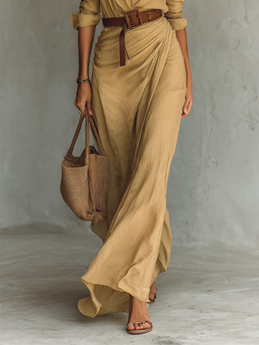Festliche Kleider Damen - Elegantes Langes Hemdblusenkleid mit Gürtel für Tag und Abend, Ideal für Jeden Anlass