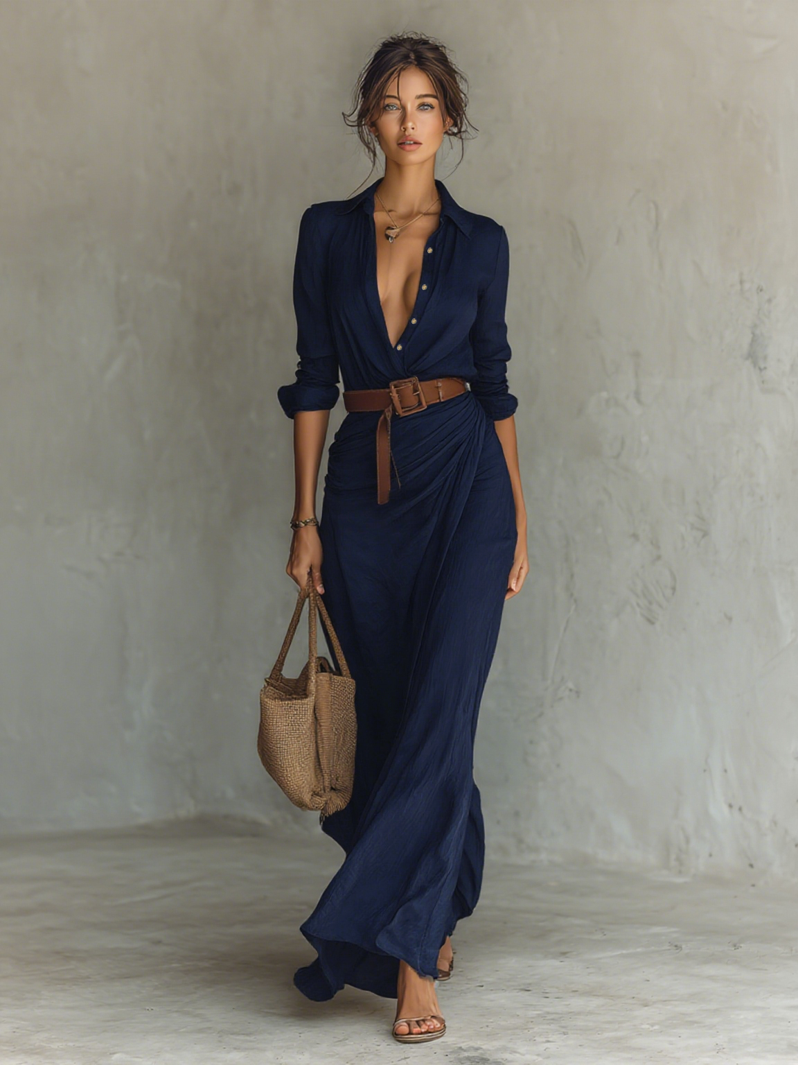Festliche Kleider Damen - Elegantes Langes Hemdblusenkleid mit Gürtel für Tag und Abend, Ideal für Jeden Anlass