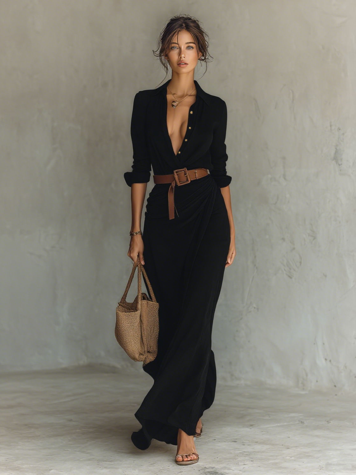 Festliche Kleider Damen - Elegantes Langes Hemdblusenkleid mit Gürtel für Tag und Abend, Ideal für Jeden Anlass