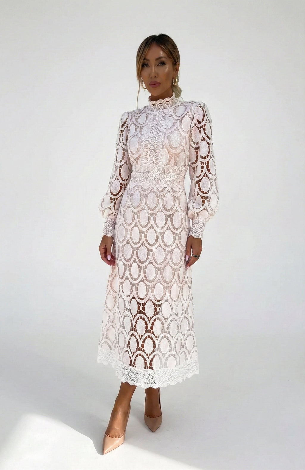 Festliches Kleid Damen für Hochzeitsgast – Elegantes Midikleid mit Definiertem Schnitt und Perforierten Details