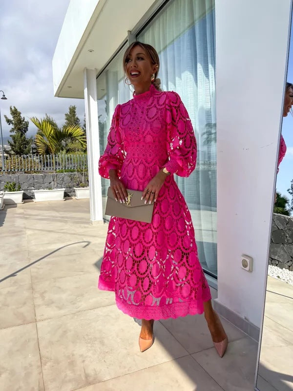 Festliches Kleid Damen für Hochzeitsgast – Elegantes Midikleid mit Definiertem Schnitt und Perforierten Details
