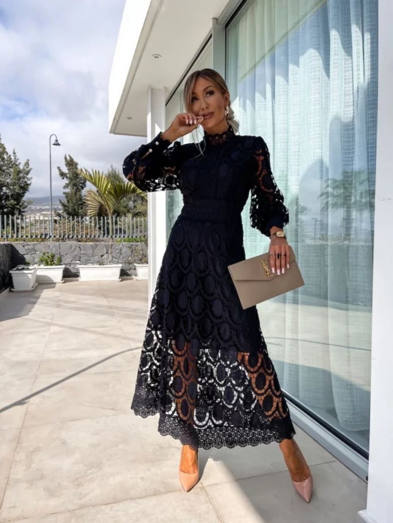 Festliches Kleid Damen für Hochzeitsgast – Elegantes Midikleid mit Definiertem Schnitt und Perforierten Details