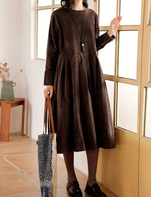 Damen Casual Langarm Gerafft Midikleid