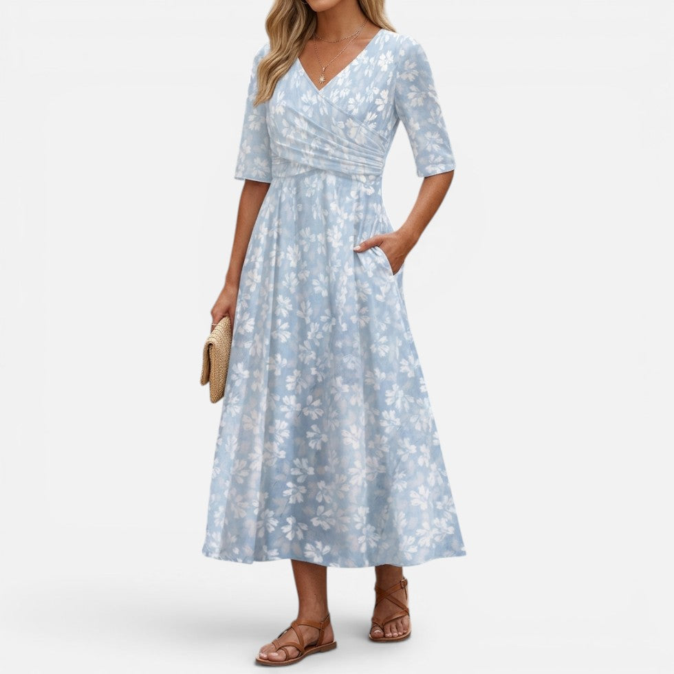 Midikleid Wickeloptik Blumenmuster V Ausschnitt Dreiviertelarm