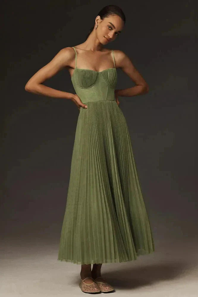Celine | Damen Plissiertes Midikleid Korsett – Spaghettiträger Plissee Kleid Abend 2026