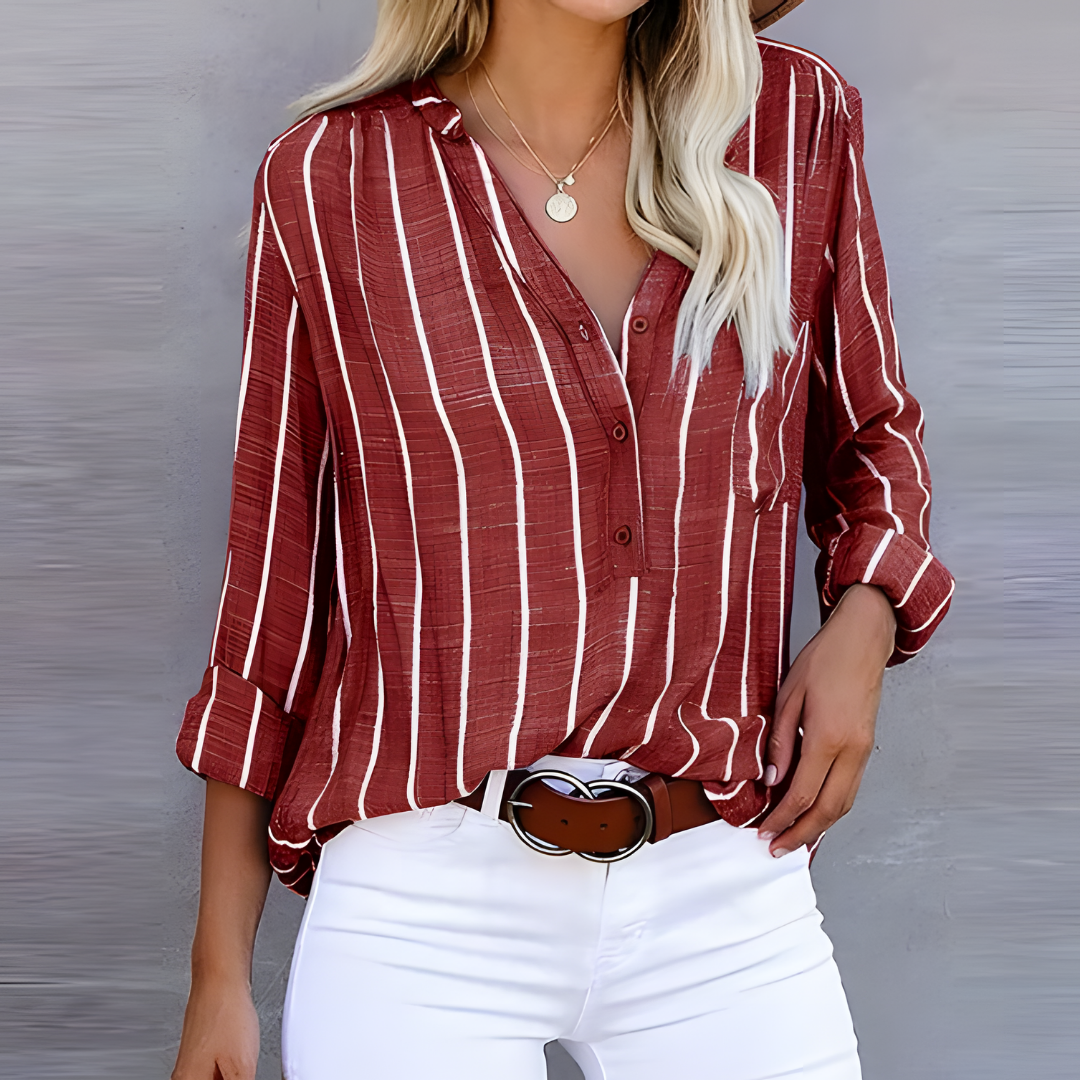 Gestreifte Damenbluse | V-Ausschnitt & Knopfleiste für einen gepflegten Look