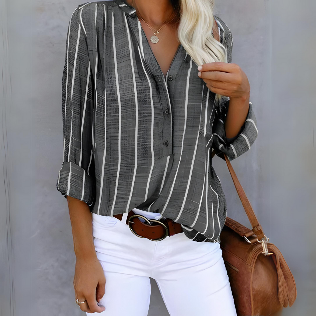 Gestreifte Damenbluse | V-Ausschnitt & Knopfleiste für einen gepflegten Look