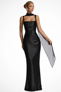 Vivienne | Women Square Neck Ruched Satin Maxi Wedding Guest Dress