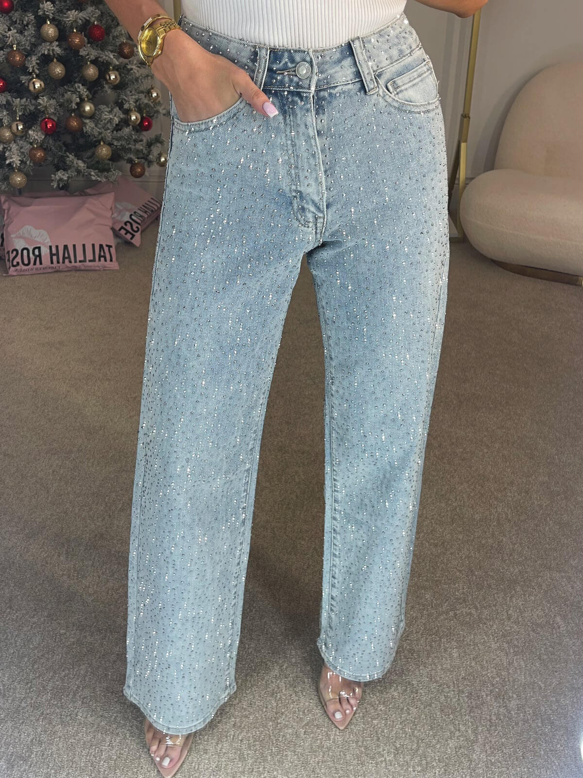 Straight Leg Jeans für Damen mit Glitzersteinen