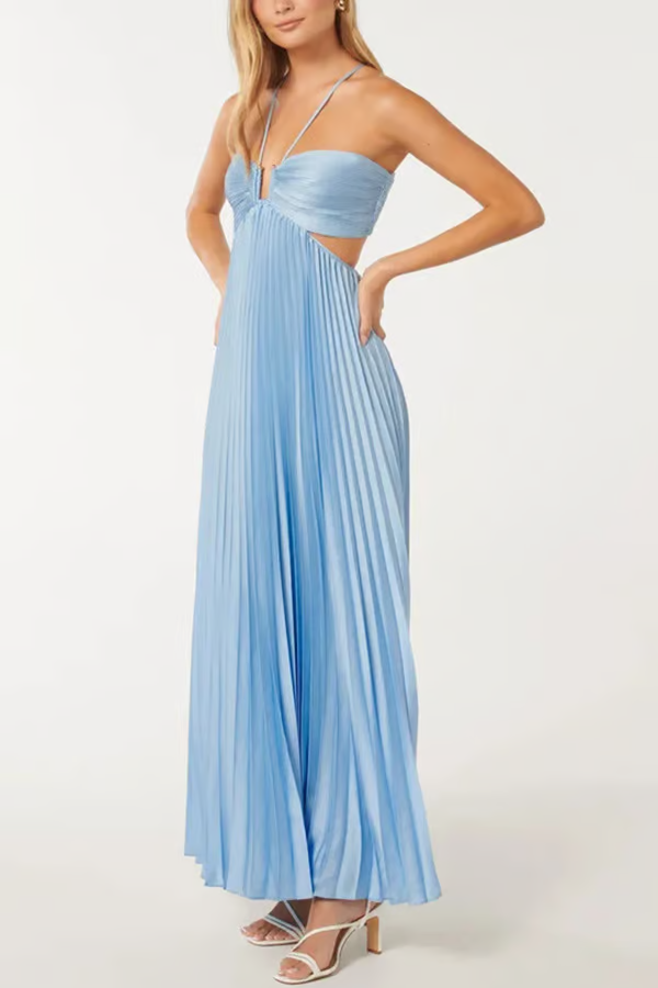 Hochzeitsgast Kleid Damen | Elegantes Neckholder Maxi-Kleid Plissiert