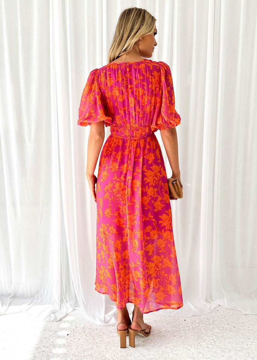 Damen Lässig V-Ausschnitt Blumenmuster Midikleid