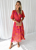Damen Lässig V-Ausschnitt Blumenmuster Midikleid