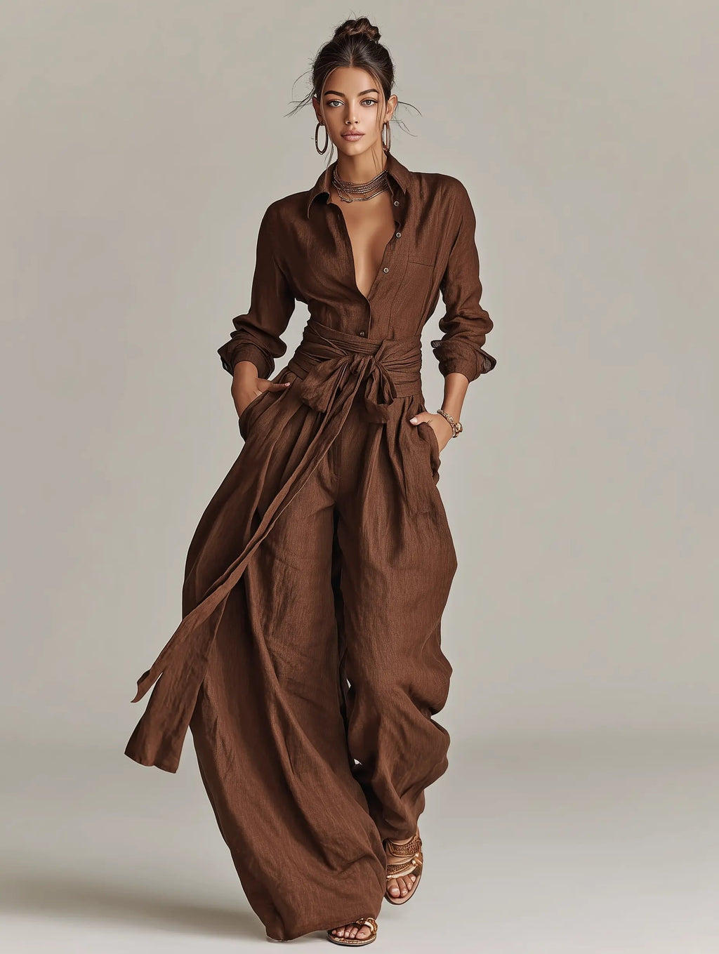 Jumpsuit Damen | Langarm Hemdkragen mit Bindegürtel & Weitem Bein