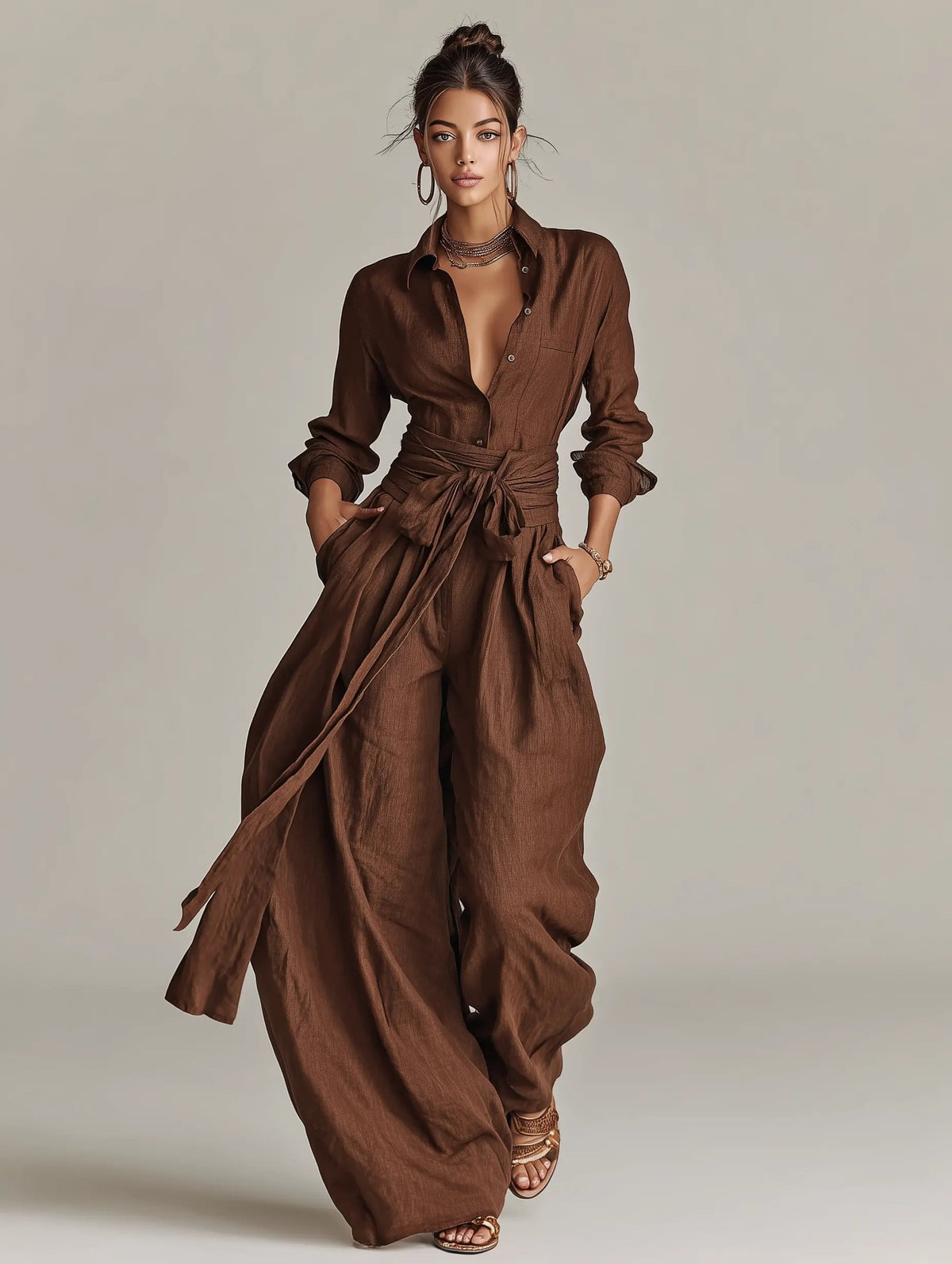 Jumpsuit Damen | Langarm Hemdkragen mit Bindegürtel & Weitem Bein
