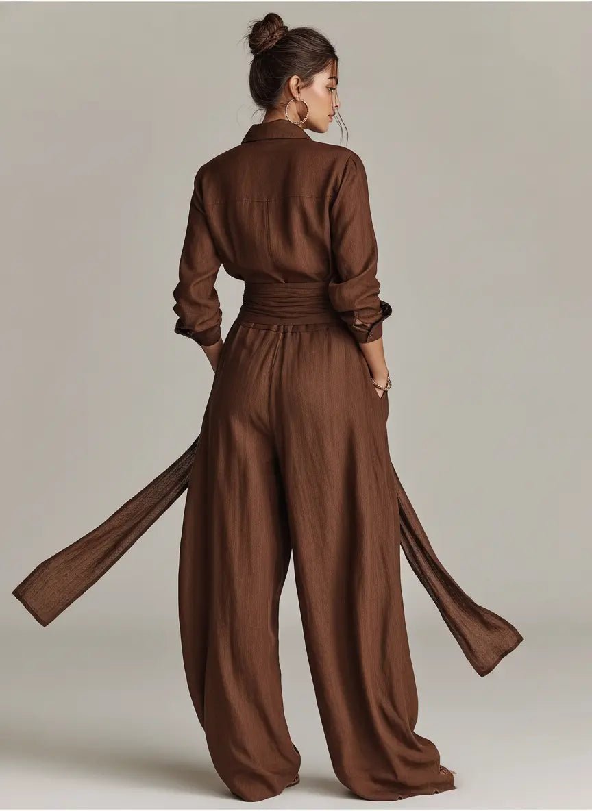 Jumpsuit Damen | Langarm Hemdkragen mit Bindegürtel & Weitem Bein