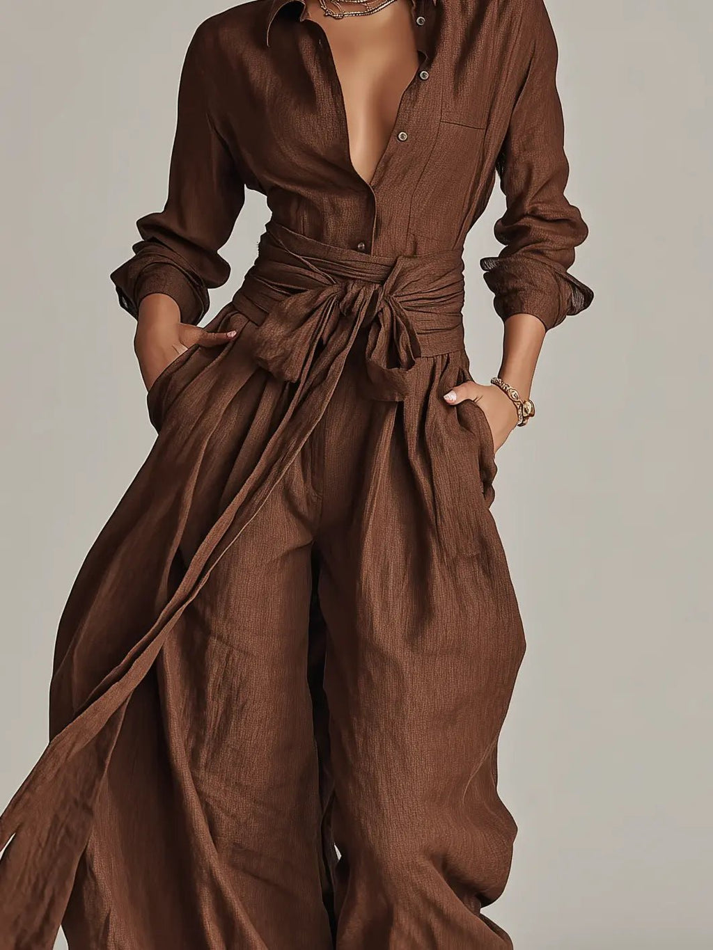 Jumpsuit Damen | Langarm Hemdkragen mit Bindegürtel & Weitem Bein
