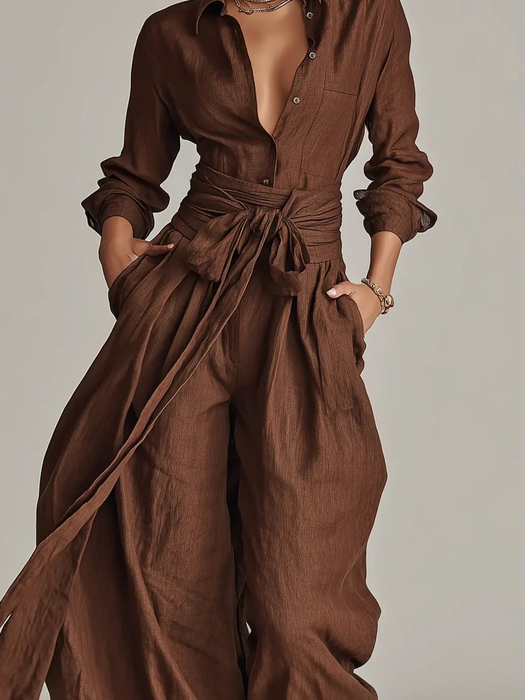 Jumpsuit Damen | Langarm Hemdkragen mit Bindegürtel & Weitem Bein