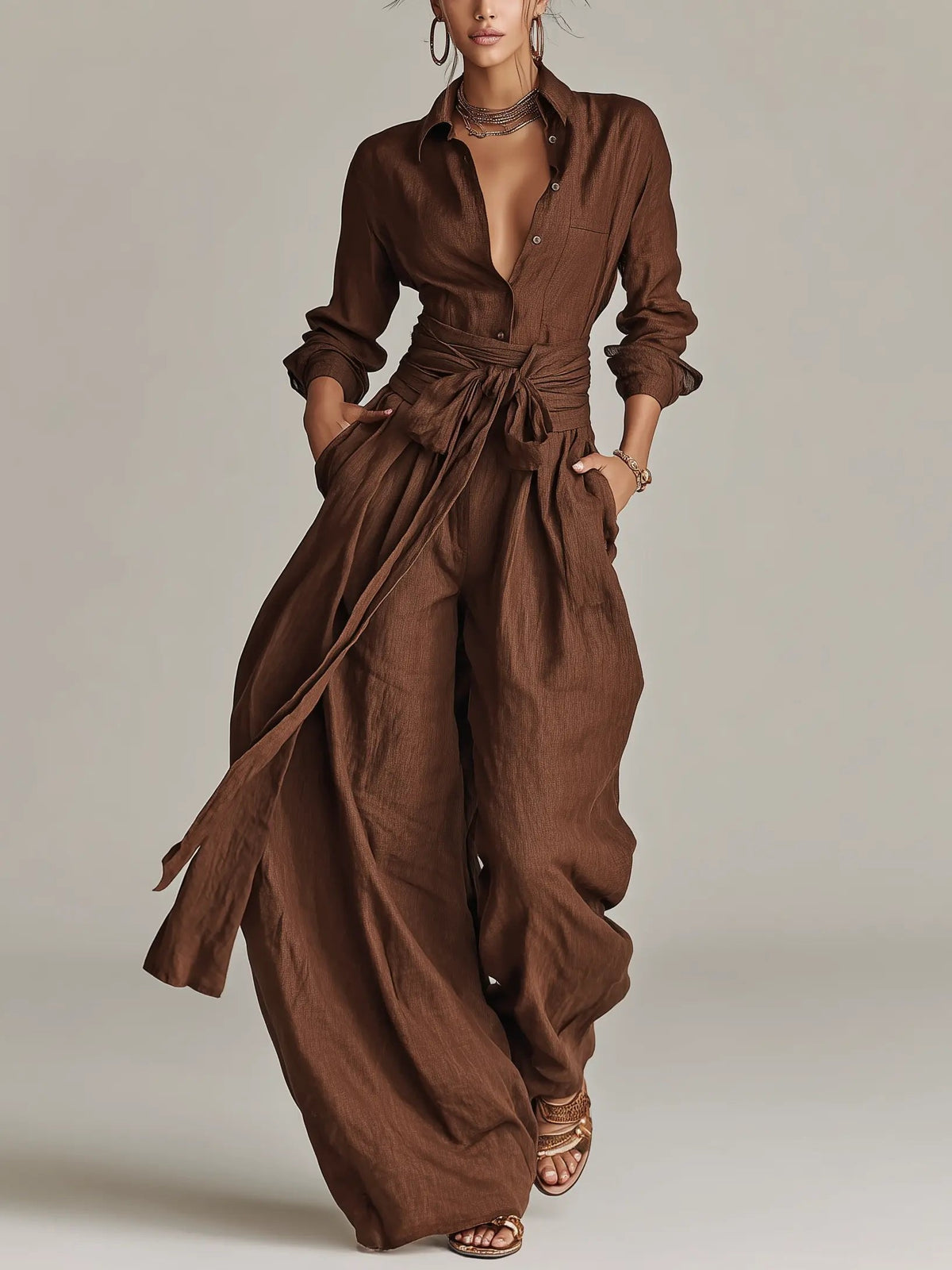Jumpsuit Damen | Langarm Hemdkragen mit Bindegürtel & Weitem Bein
