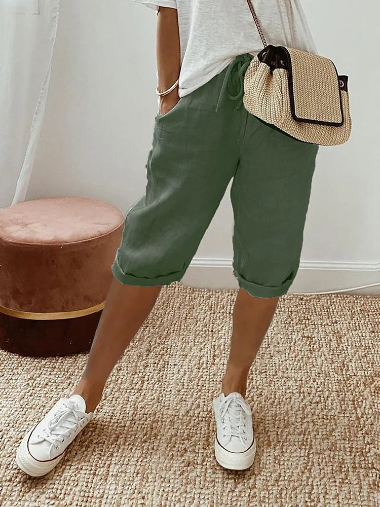 Damen Knielang Leichte Leinen Sommer Shorts