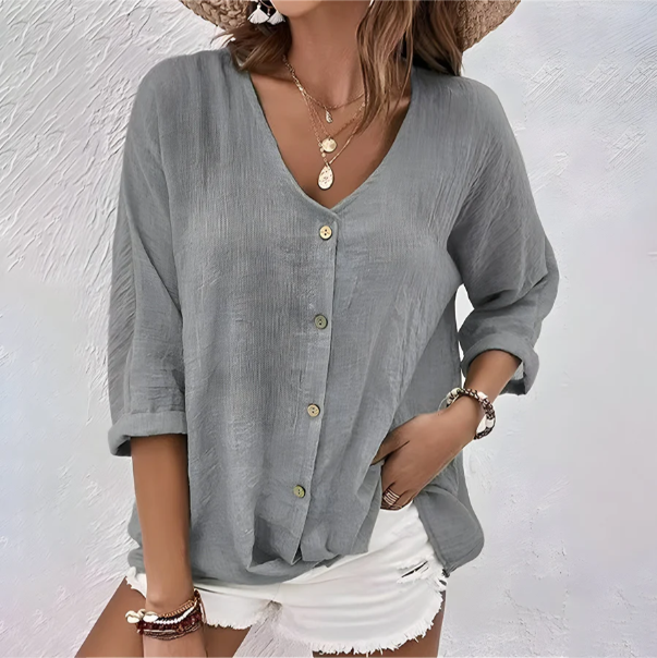 Lässige Damenbluse mit Knöpfen – Elegante Bluse für den Sommer, V-Ausschnitt, Entspannte Rollärmel, Vielseitig kombinierbar