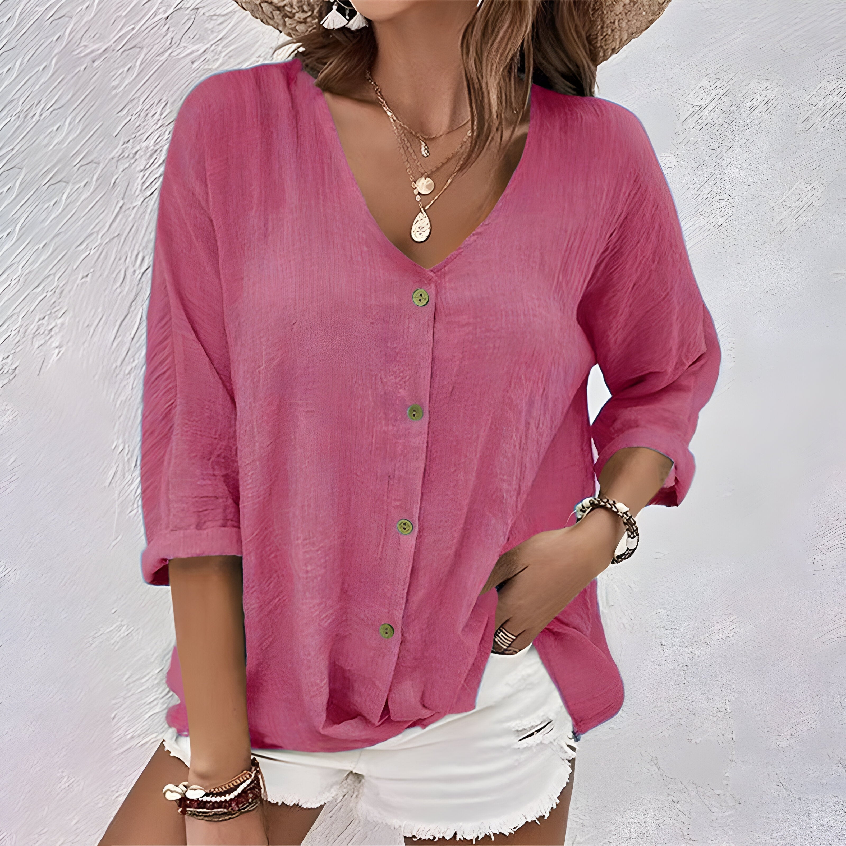 Lässige Damenbluse mit Knöpfen – Elegante Bluse für den Sommer, V-Ausschnitt, Entspannte Rollärmel, Vielseitig kombinierbar