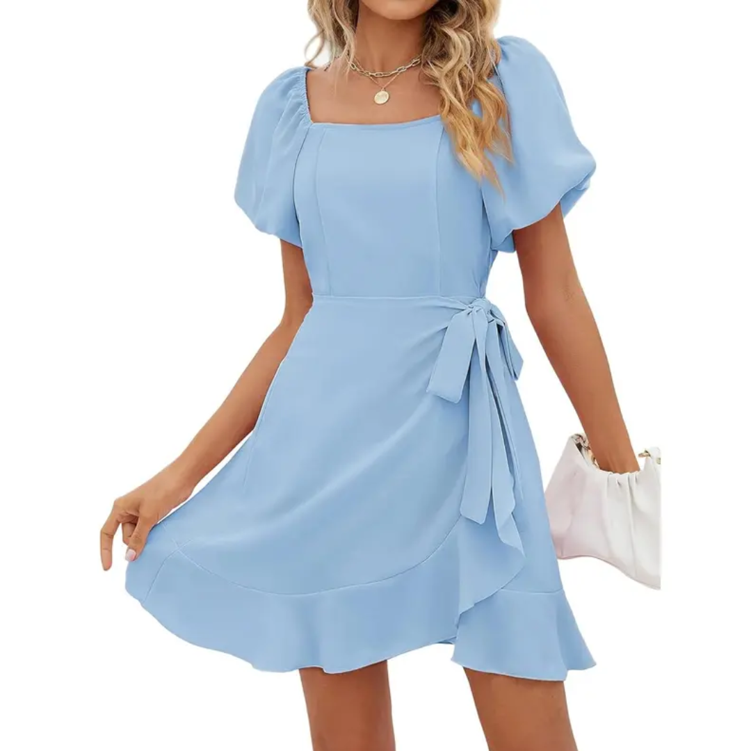 Doris | Damen Minikleid Eckiger Ausschnitt Puffärmel – Mini Kleid Gürtel Sommer 2026