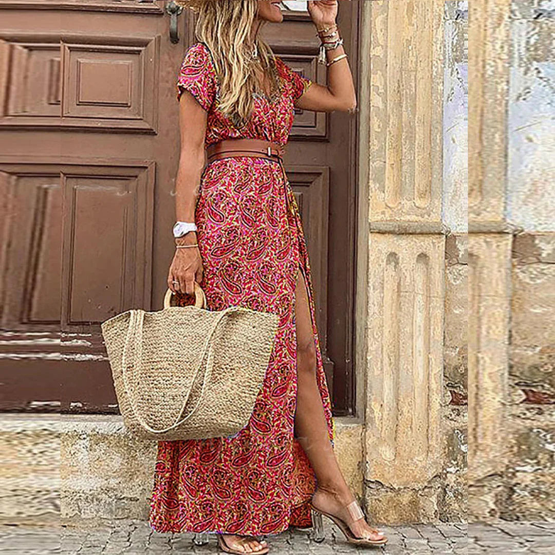 Luftiges Boho-Maxikleid für Frauen mit passendem Gürtel – Sommerkleid für stilvolle Anlässe