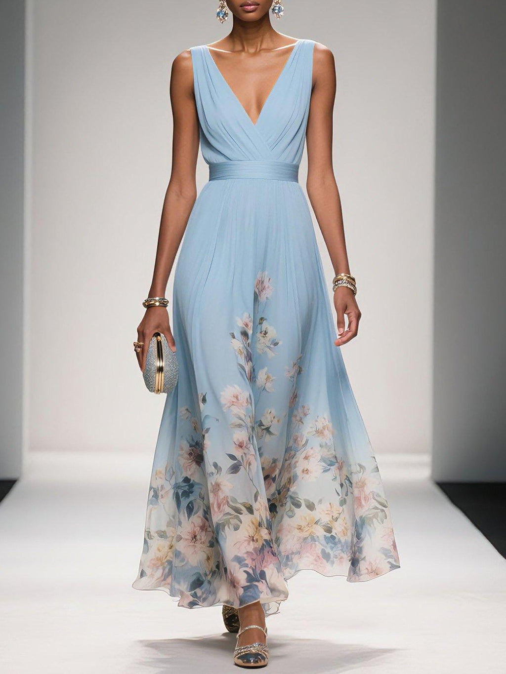 Luftiges Maxikleid Damen V-Ausschnitt Blumendruck Sommer Maxikleider A-Linie für Elegante Tage