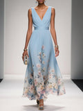 Luftiges Maxikleid Damen V-Ausschnitt Blumendruck Sommer Maxikleider A-Linie für Elegante Tage