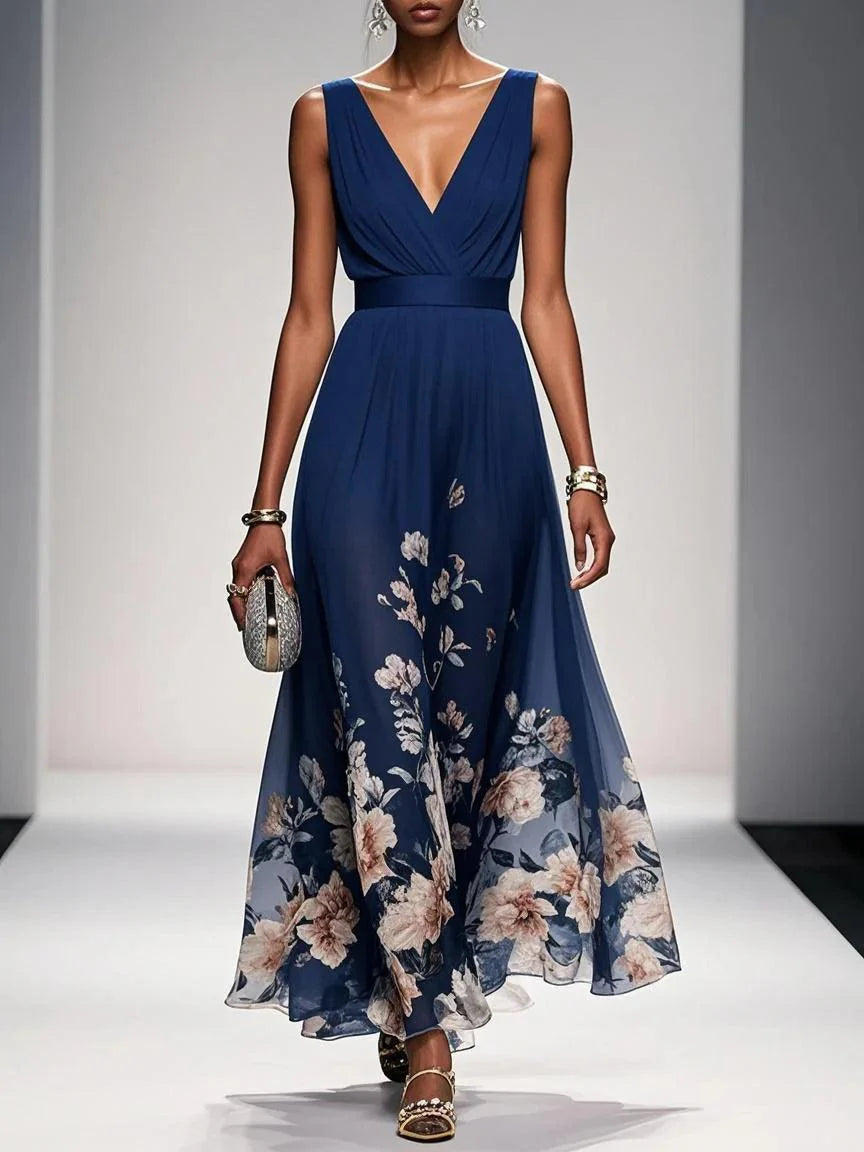 Luftiges Maxikleid Damen V-Ausschnitt Blumendruck Sommer Maxikleider A-Linie für Elegante Tage