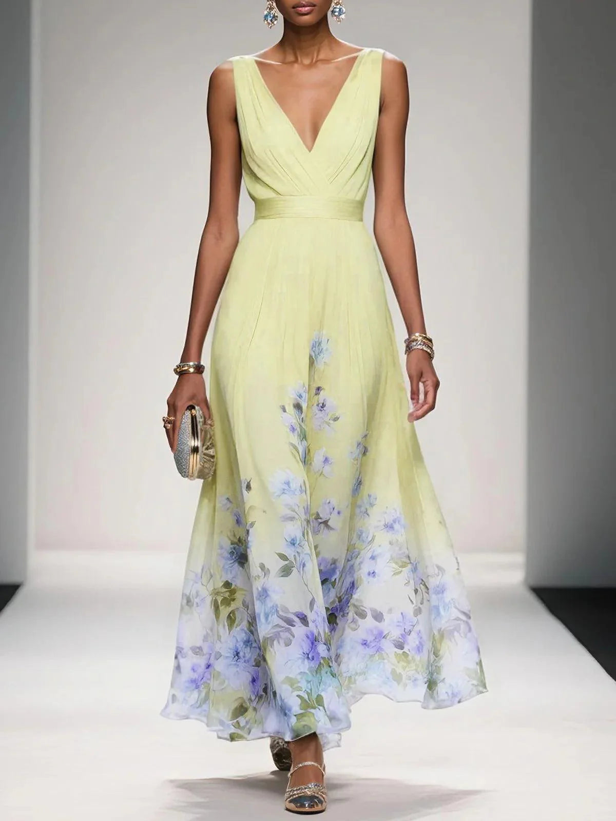 Luftiges Maxikleid Damen V-Ausschnitt Blumendruck Sommer Maxikleider A-Linie für Elegante Tage