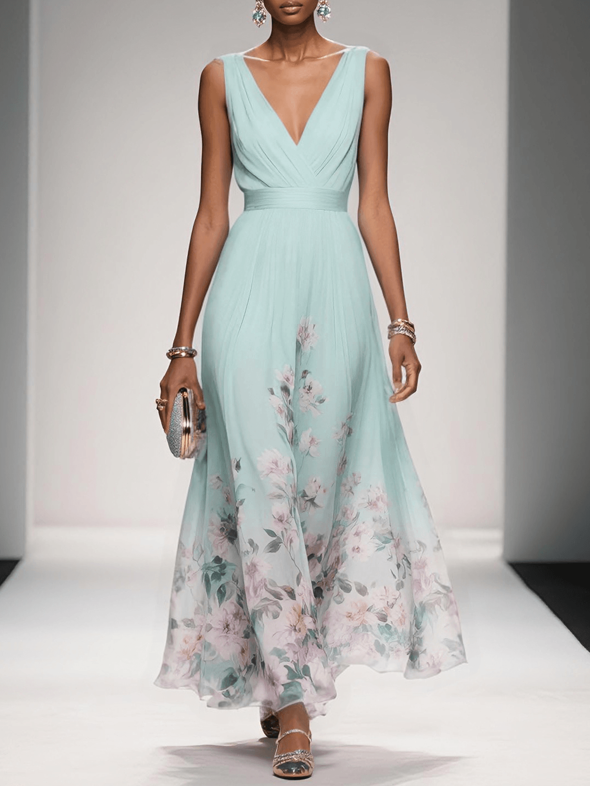 Luftiges Maxikleid Damen V-Ausschnitt Blumendruck Sommer Maxikleider A-Linie für Elegante Tage