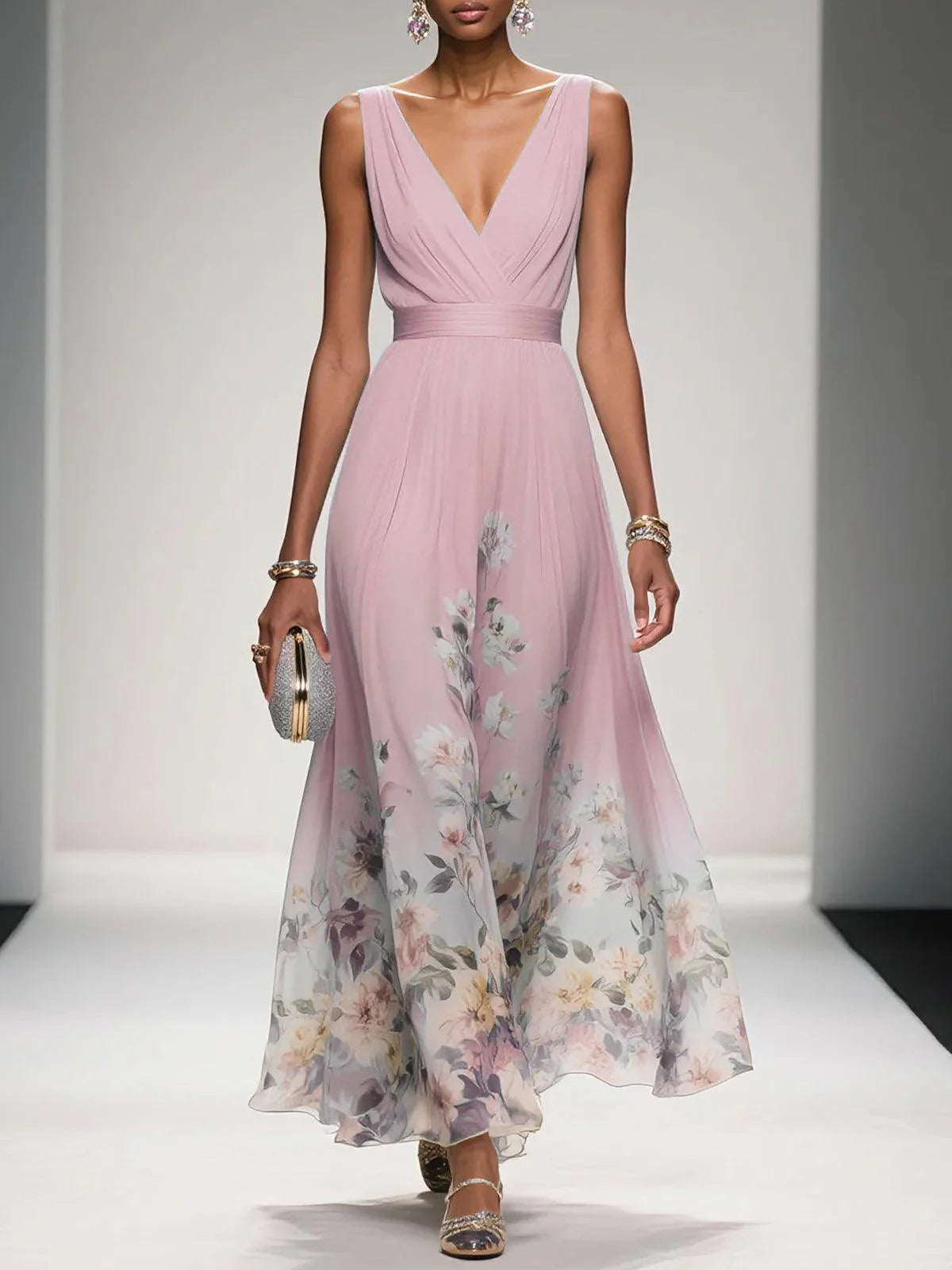 Luftiges Maxikleid Damen V-Ausschnitt Blumendruck Sommer Maxikleider A-Linie für Elegante Tage