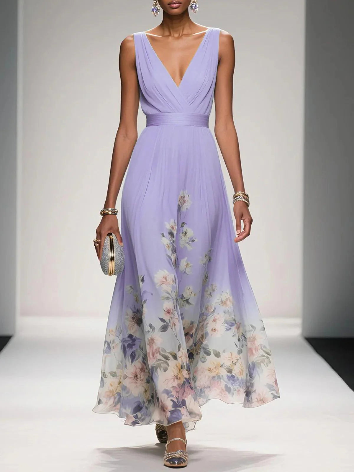 Luftiges Maxikleid Damen V-Ausschnitt Blumendruck Sommer Maxikleider A-Linie für Elegante Tage