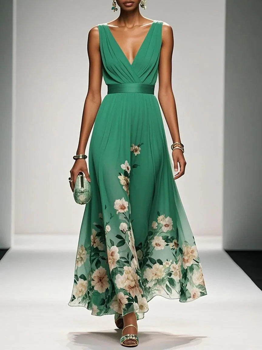 Luftiges Maxikleid Damen V-Ausschnitt Blumendruck Sommer Maxikleider A-Linie für Elegante Tage